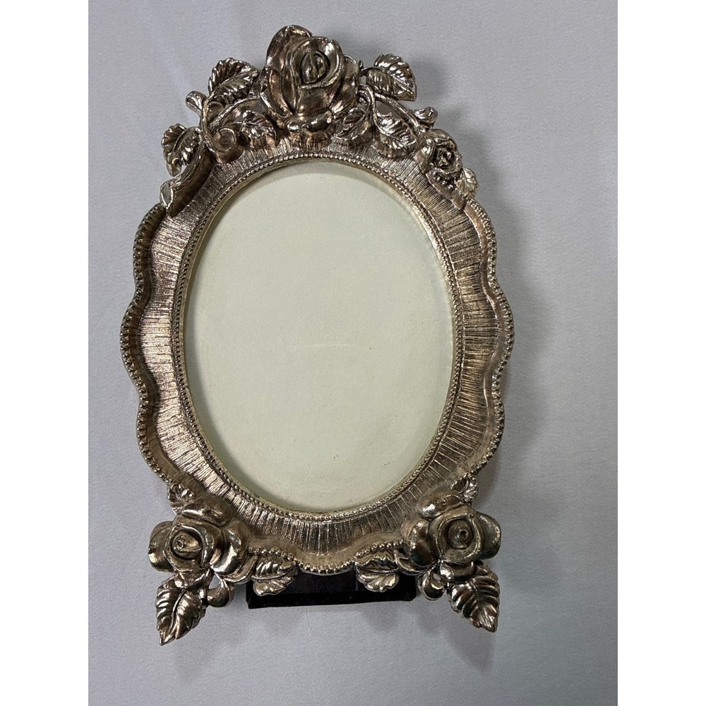 Vintage Ornate Rose Floral Oval Photo Frame Gold Silver Tone Metallic 4x6 Small